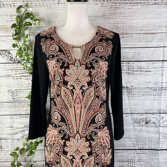 JM Collection DRess size Medium black Brown Paisley Straight Sheath Stretch Knee - Picture 4 of 16
